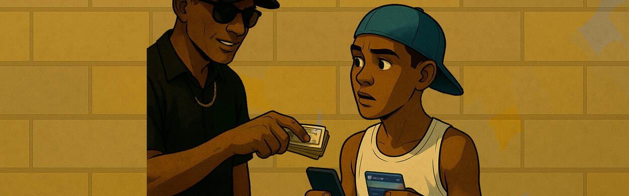 Cartoon: Jongen staat met telefoon en bankpasin zijn hand en krijgt door een man welke in het donker is gekleed geld aangeboden.
